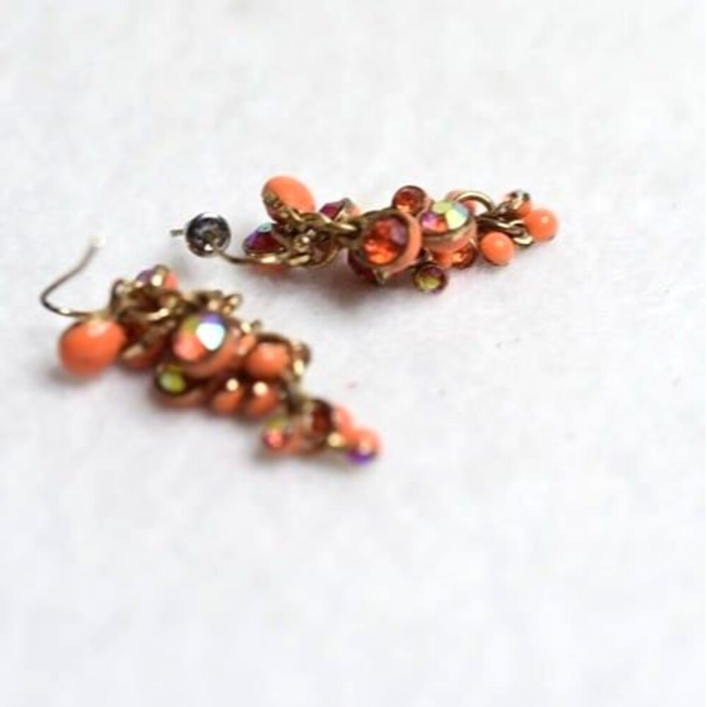 Vintage Pumpkin Orange Crystal Gold Tone Cluster Beaded Dangle Hook Earrings